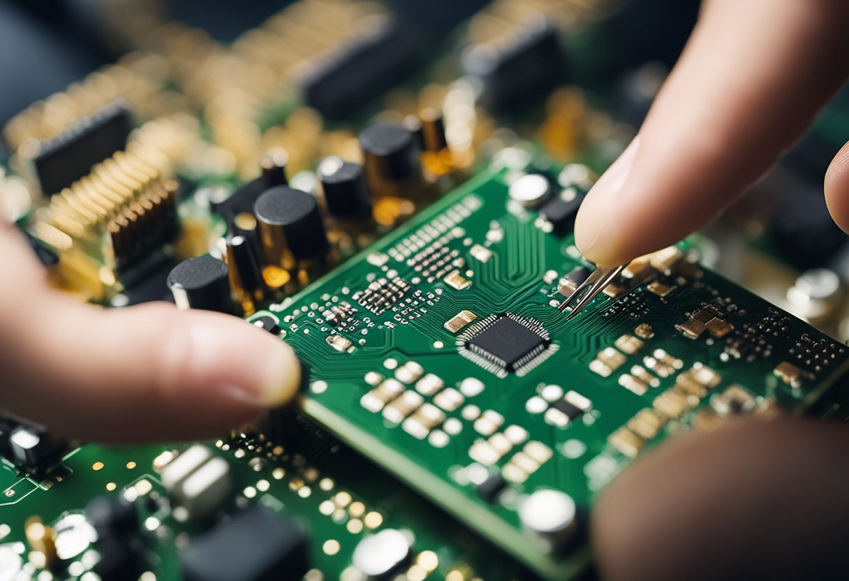 A printed circuit board (PCB) is being assembled with electronic components such as resistors, capacitors, and integrated circuits. Soldering iron, solder, and flux are used in the process