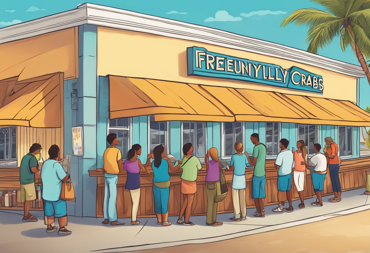 Customers line up outside a vibrant restaurant, eagerly reading a sign that says "Frequently Asked Questions" at Kickin Crab