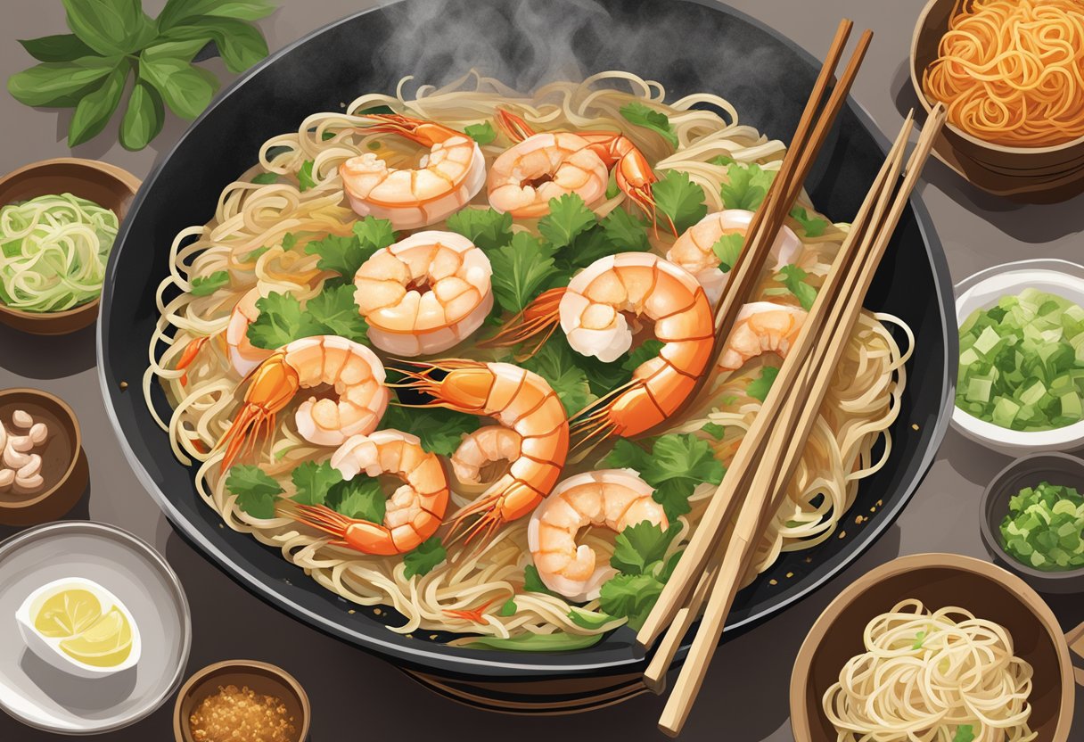 A sizzling wok filled with plump prawns, tender noodles, and fragrant garlic, emanating the rich aroma of Mr. Tan Kue Kim's famous fried hokkien prawn mee