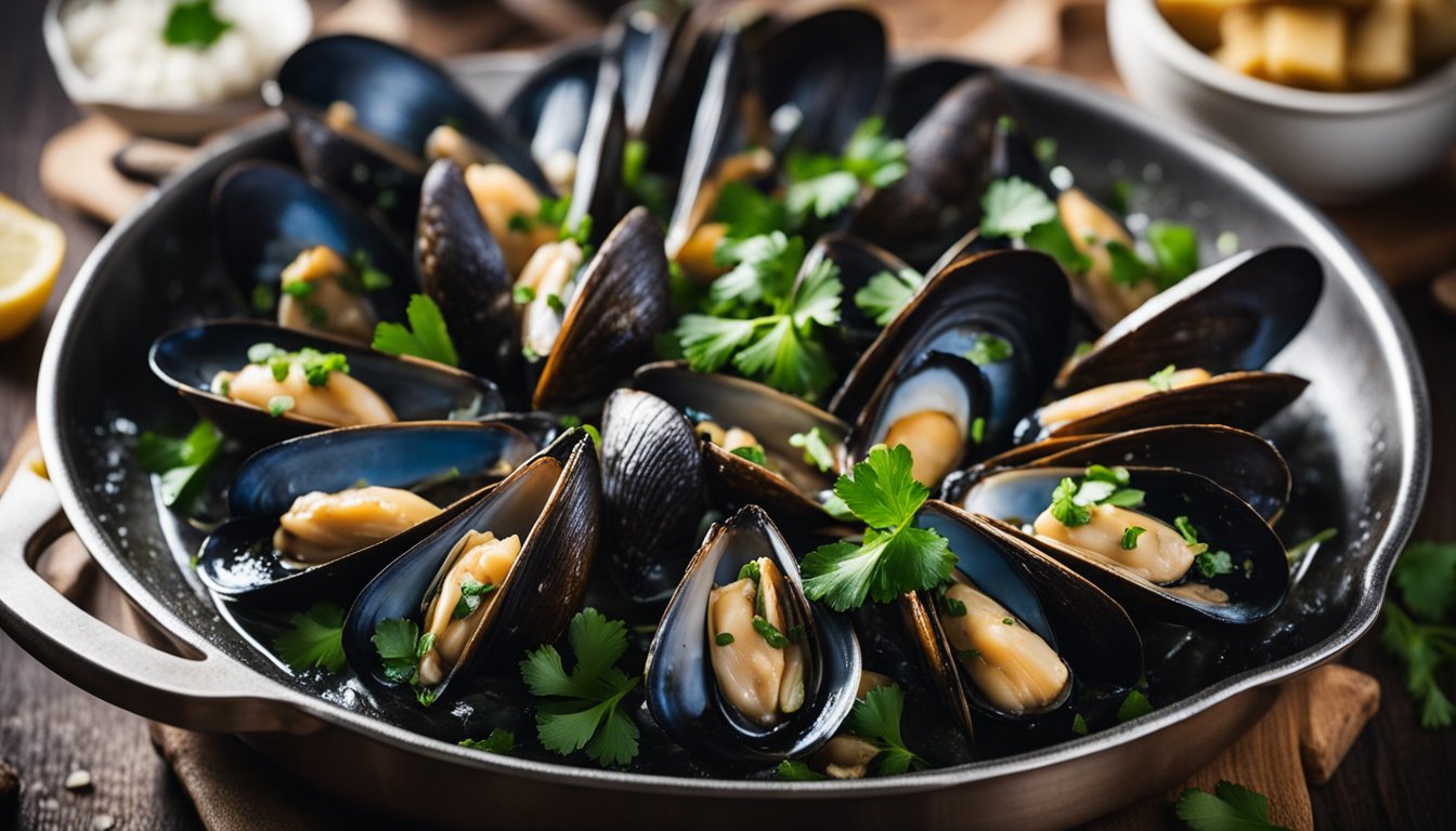 Mussels sizzling in a pan with garlic, white wine, and parsley. A chef's hand using tongs to transfer mussels to a serving platter