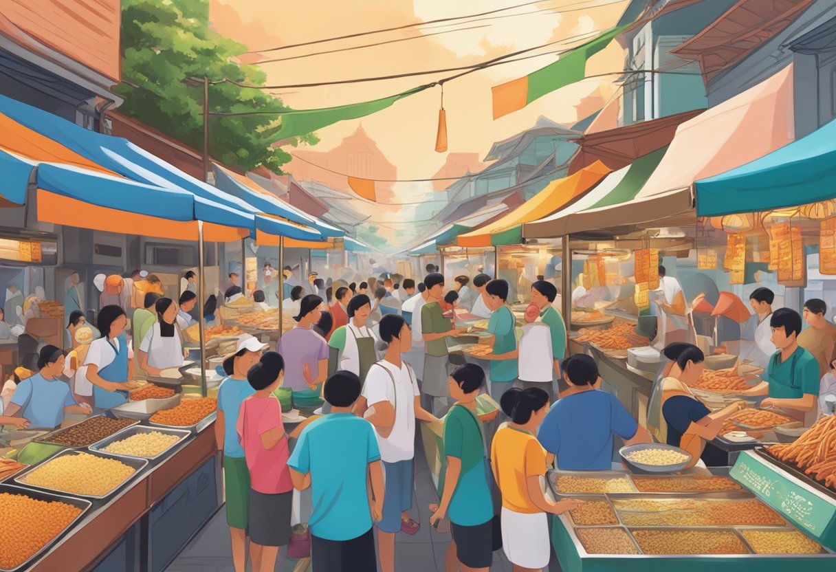 A bustling street market with people lined up for Kim's famous fried Hokkien prawn mee. Aromas of sizzling noodles and seafood fill the air, as the vibrant colors of the surrounding stalls reflect the diverse cultural impact of the dish