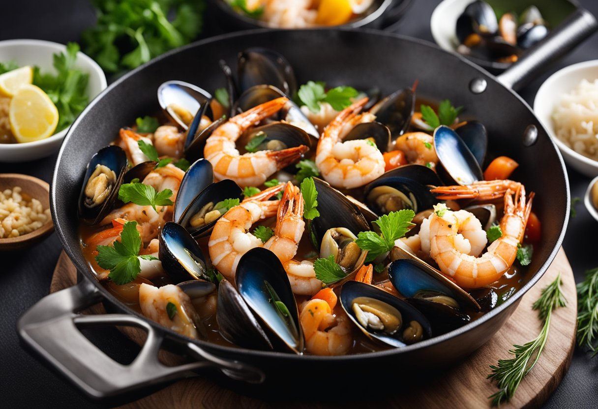 A sizzling pan of mixed seafood in oyster sauce, with shrimp, squid, and mussels, surrounded by colorful vegetables and aromatic herbs