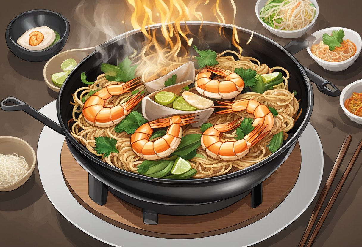 A sizzling hot wok filled with stir-fried Hokkien prawn mee, emitting a tantalizing aroma of seafood, garlic, and smoky charred noodles