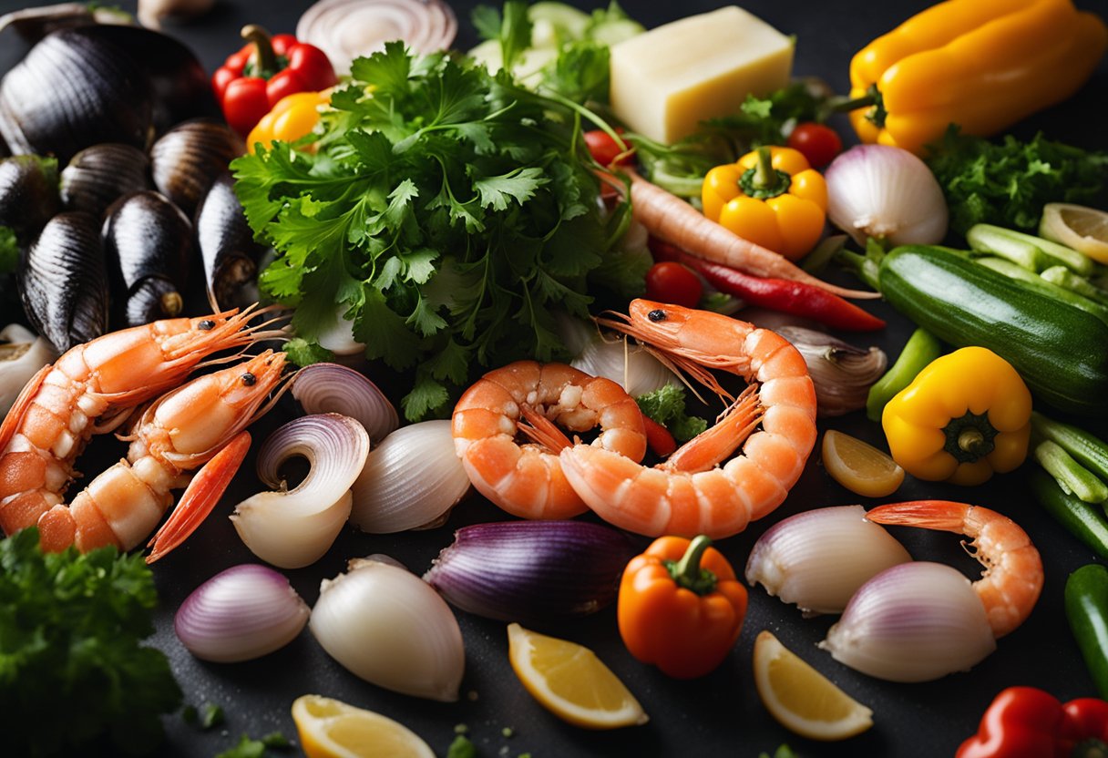 Various seafood (shrimp, squid, mussels) and vegetables (bell peppers, onions) are being washed, chopped, and arranged on a clean kitchen counter
