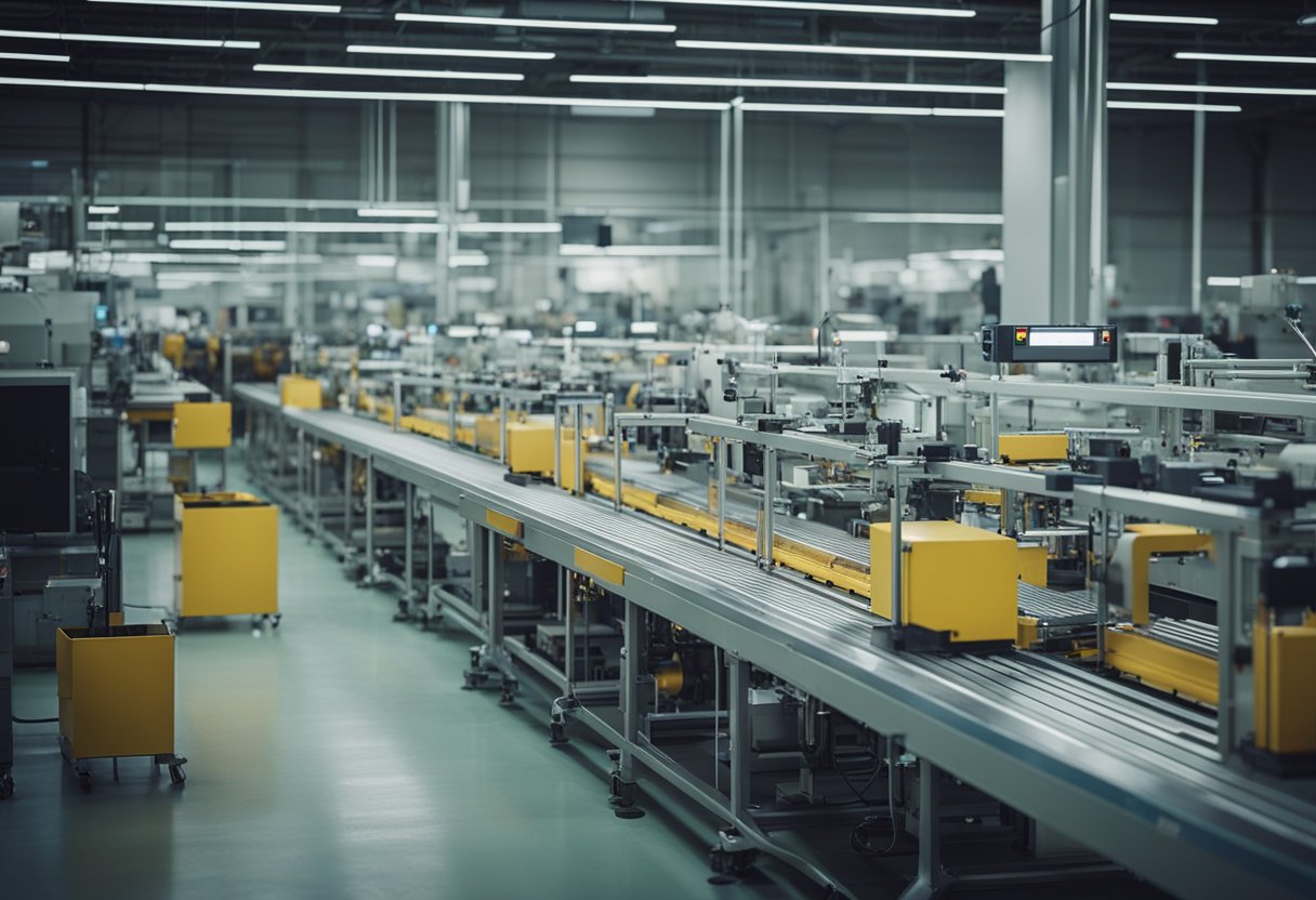 Multiple machines and conveyor belts working together to assemble PCBs in a spacious, well-lit factory in Los Angeles
