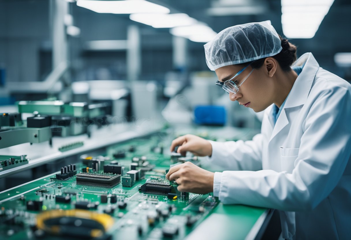 An operator assembles PCB components on a production line