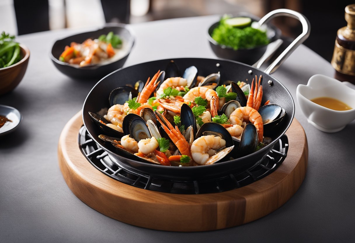 A sizzling wok filled with a colorful array of mixed seafood bathed in rich oyster sauce, emitting a tantalizing aroma