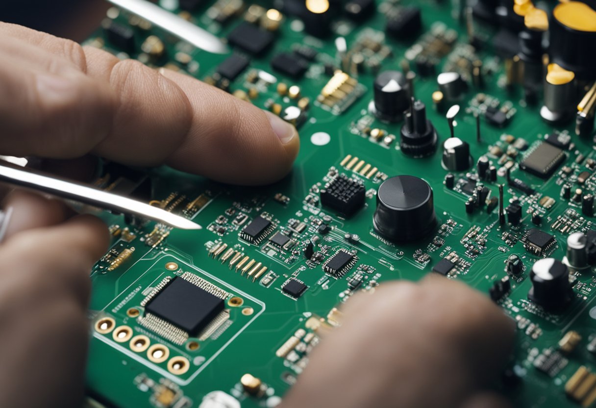 A technician assembles PCB components on a workbench with soldering iron and magnifying glass