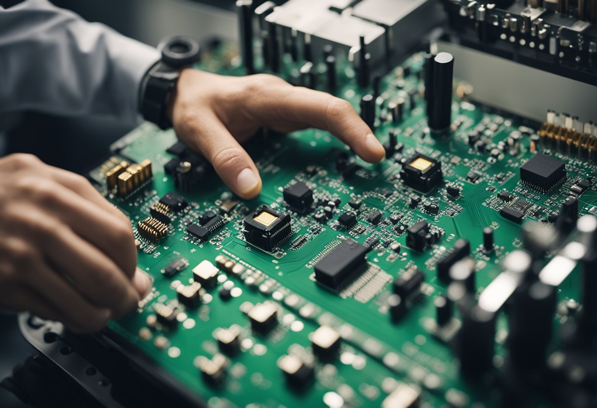 A technician carefully places electronic components onto a printed circuit board, surrounded by advanced machinery and testing equipment