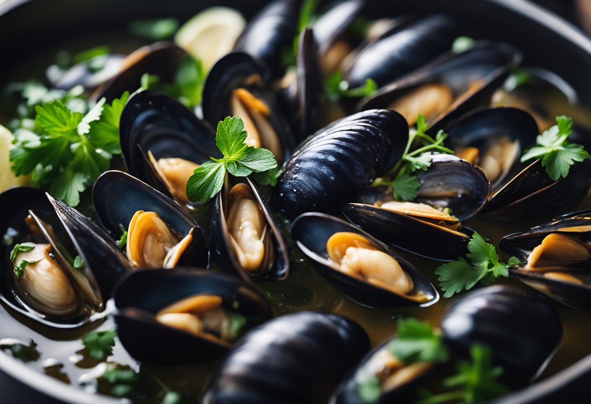 Mussels simmer in white wine with garlic, shallots, and herbs in a large pot. Steam rises as the shells open