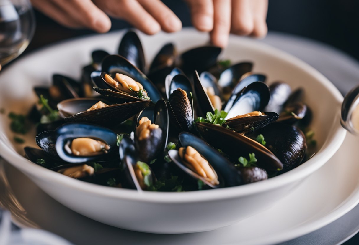 Mussels being cleaned, debearded, and soaked in wine