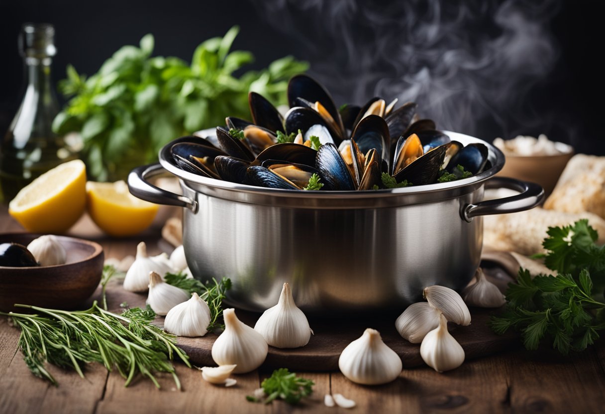 Mussels simmer in a pot of white wine, garlic, and herbs. Steam rises as the shells open, releasing their savory aroma