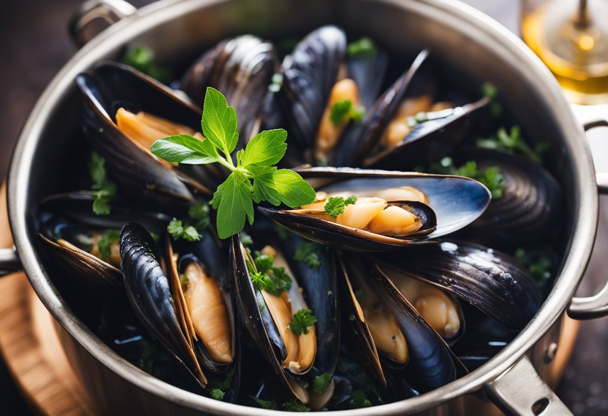 Mussels simmer in a pot of white wine, garlic, and herbs. Steam rises from the bubbling liquid as the mussels open