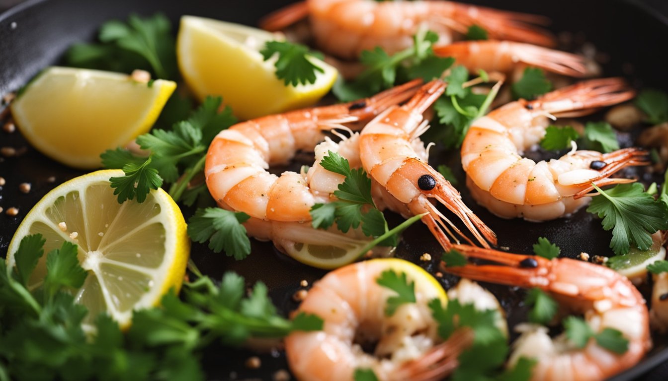 Prawns sizzle in a hot pan with garlic and butter, turning pink and curling as they cook. Lemon wedges and parsley sit nearby