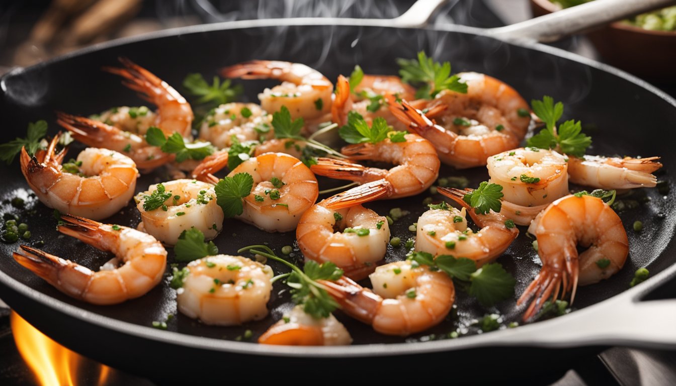 Prawns sizzling in a hot pan, being flipped with a spatula. Garlic and herbs sprinkled over them as they cook