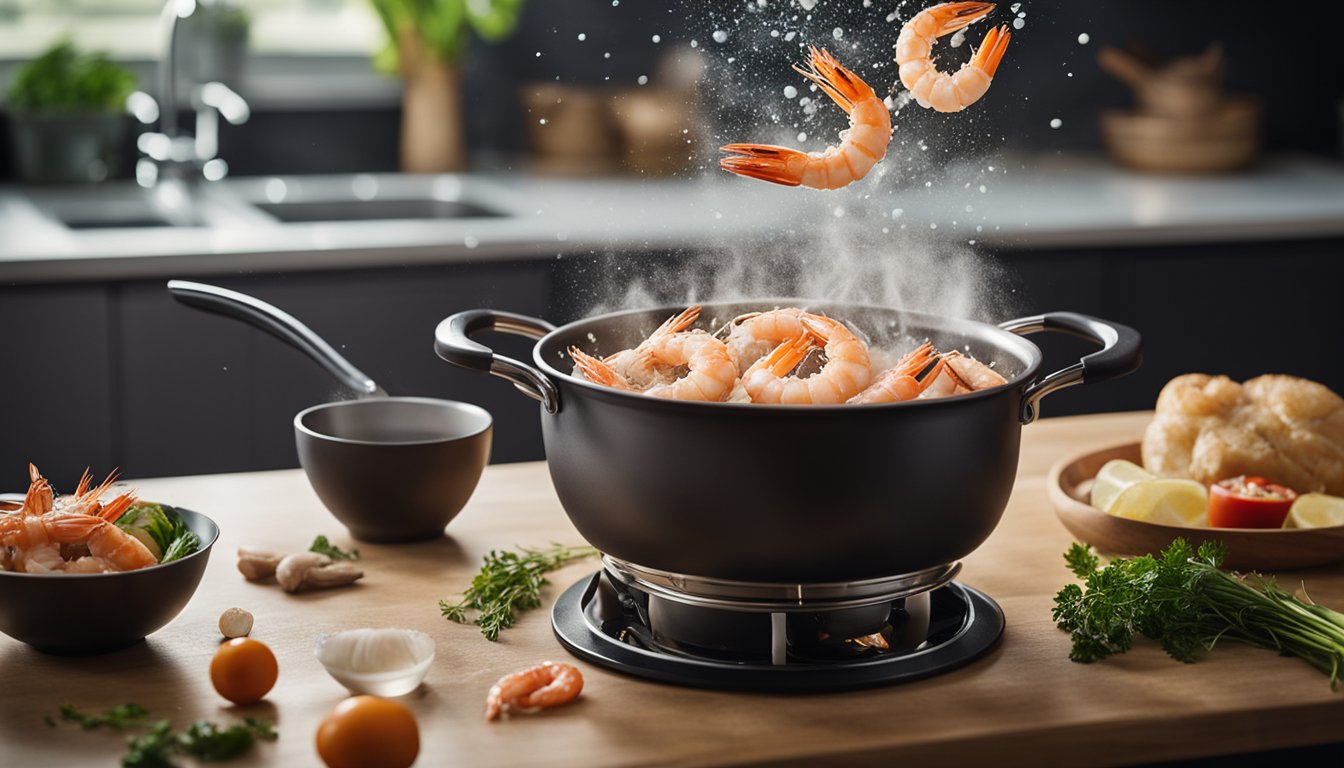 A pot of boiling water with prawns being dropped in. Ingredients and cooking utensils scattered on a kitchen counter