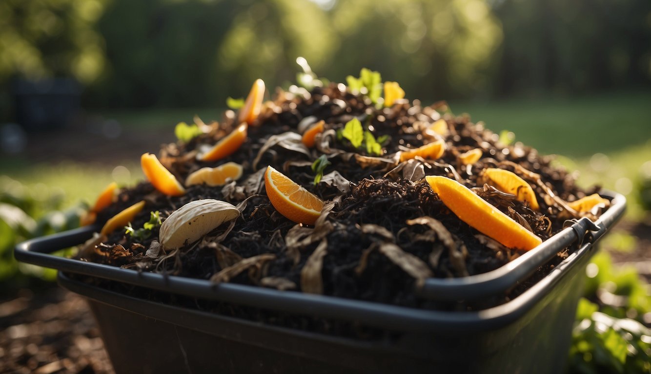 A pile of organic waste, like fruit peels and yard clippings, is layered in a compost bin. Microorganisms break down the material into nutrient-rich soil