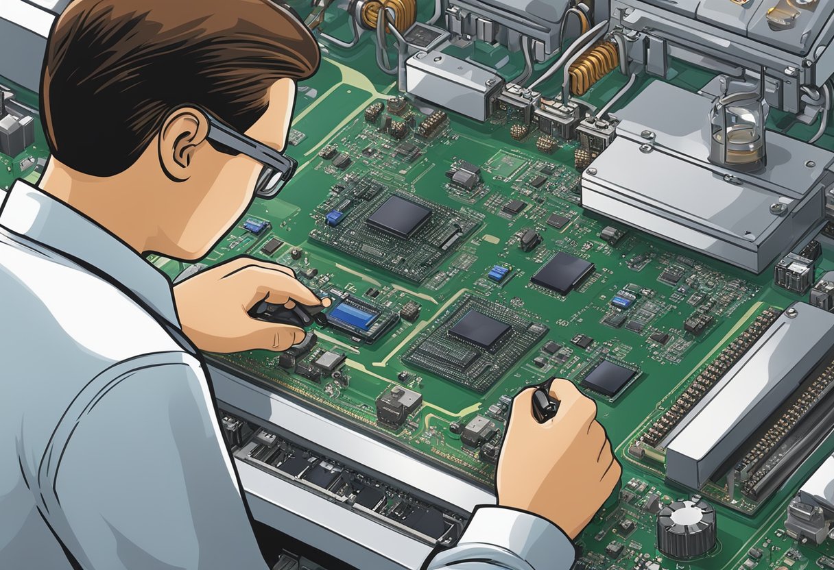 A technician carefully places electronic components onto a printed circuit board at a Maryland assembly facility