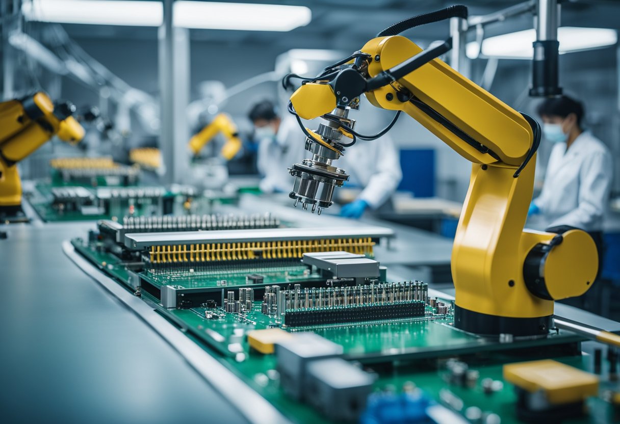 China PCB assembly line with robotic arms soldering components onto circuit boards, while conveyor belts transport boards between workstations