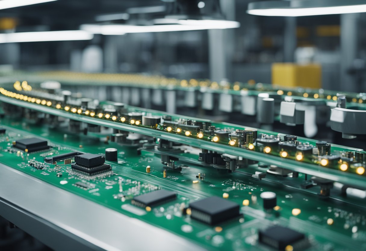 A conveyor belt moves circuit boards through soldering and inspection stations in a high-tech manufacturing facility