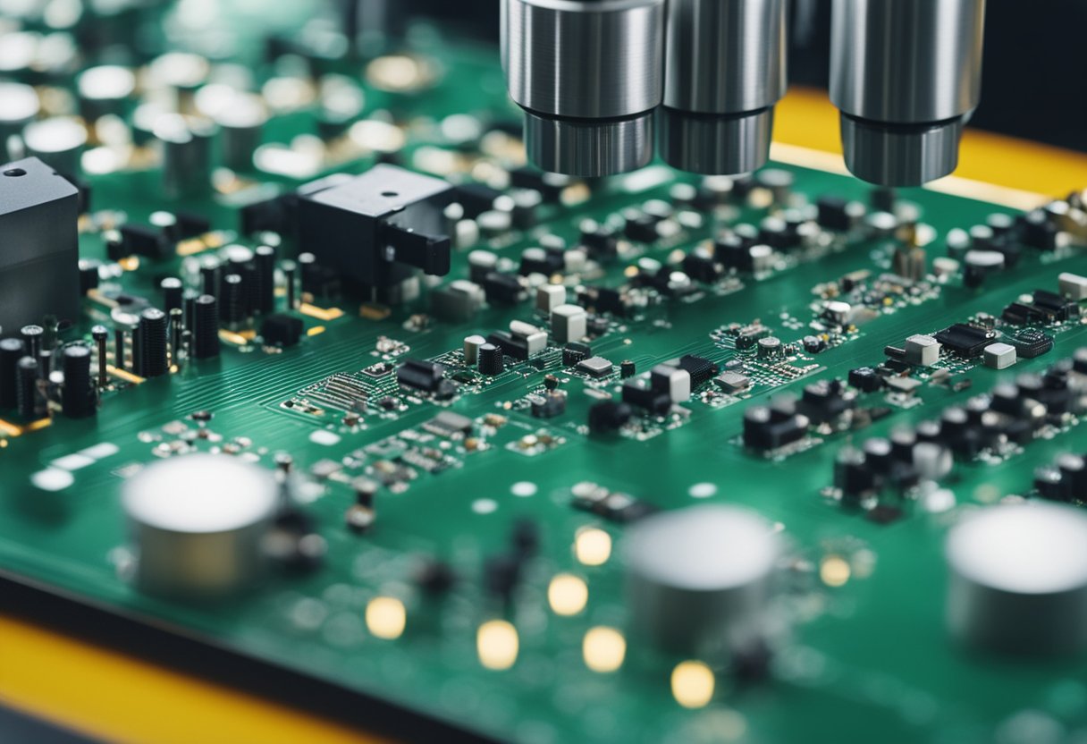 SMT machines precisely place tiny electronic components onto a printed circuit board, while a conveyor belt moves the board through the assembly process