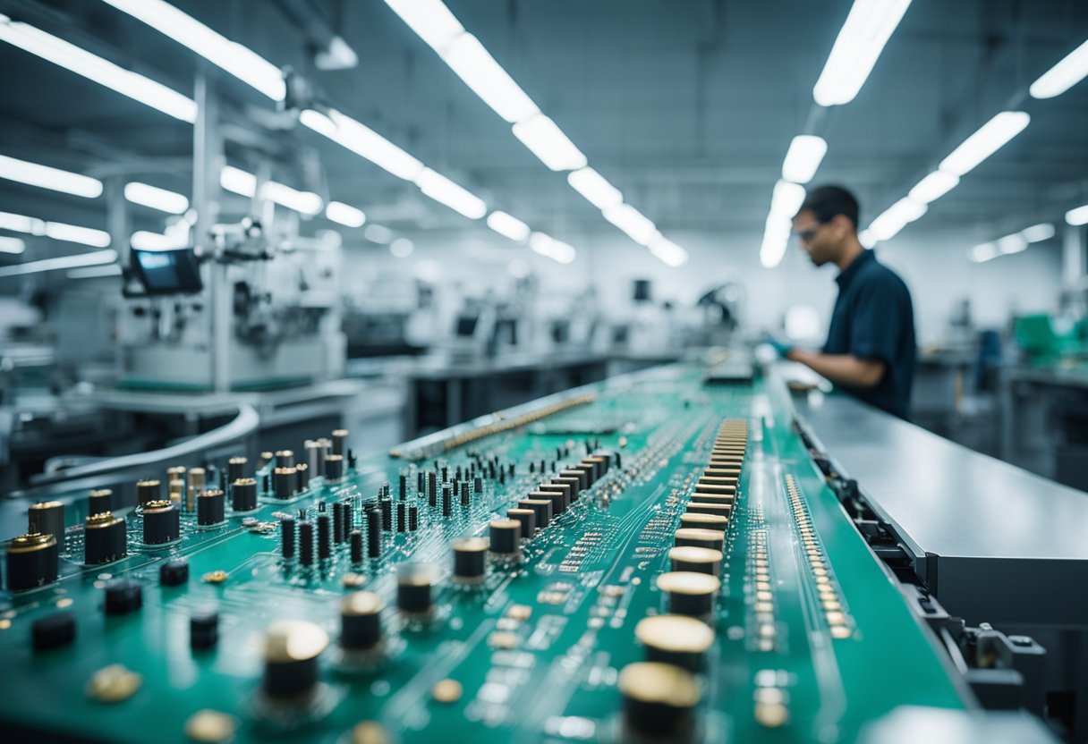 Machines fabricate PCBs in a clean, well-lit facility. Workers assemble components with precision and care. Quality control checks ensure high standards