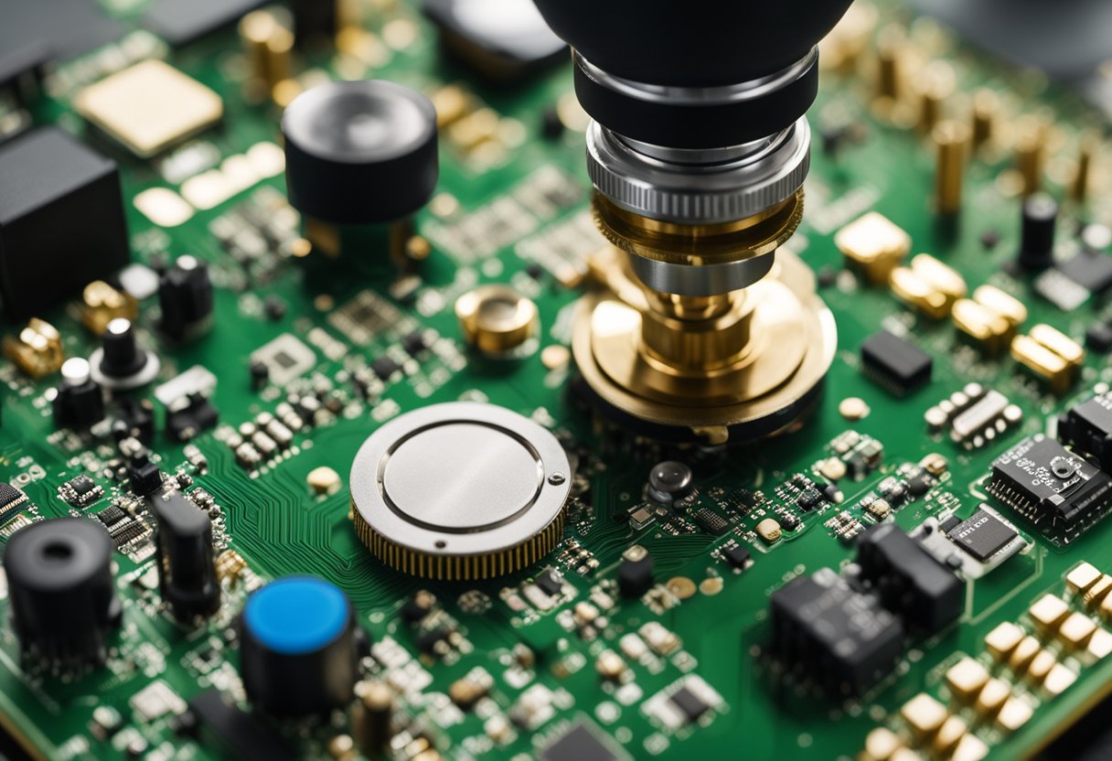 A microscope is positioned over a circuit board, with various components and solder joints visible under the lens