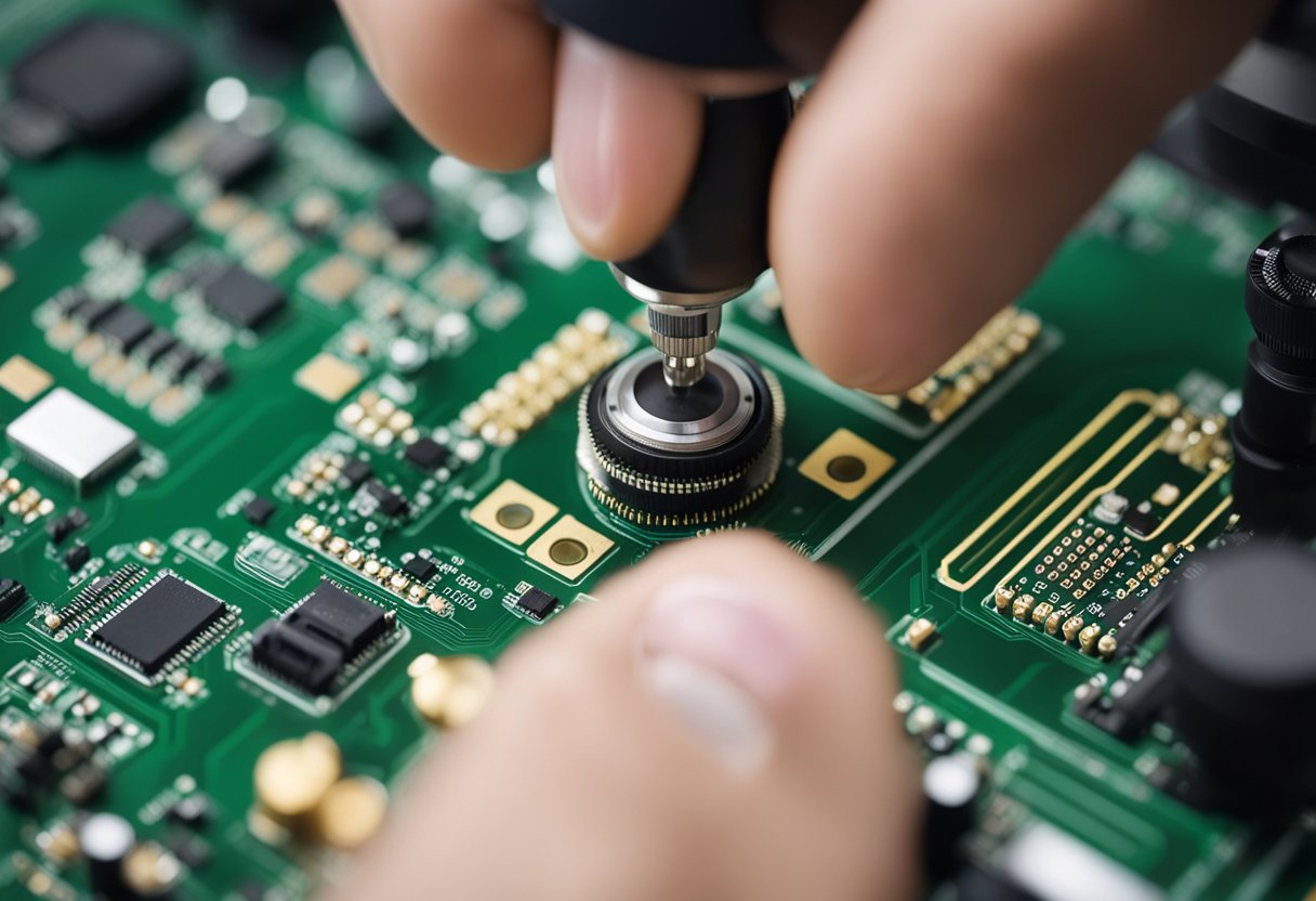 A hand adjusts focus on a PCB assembly microscope. Components and circuit boards are visible under the lens