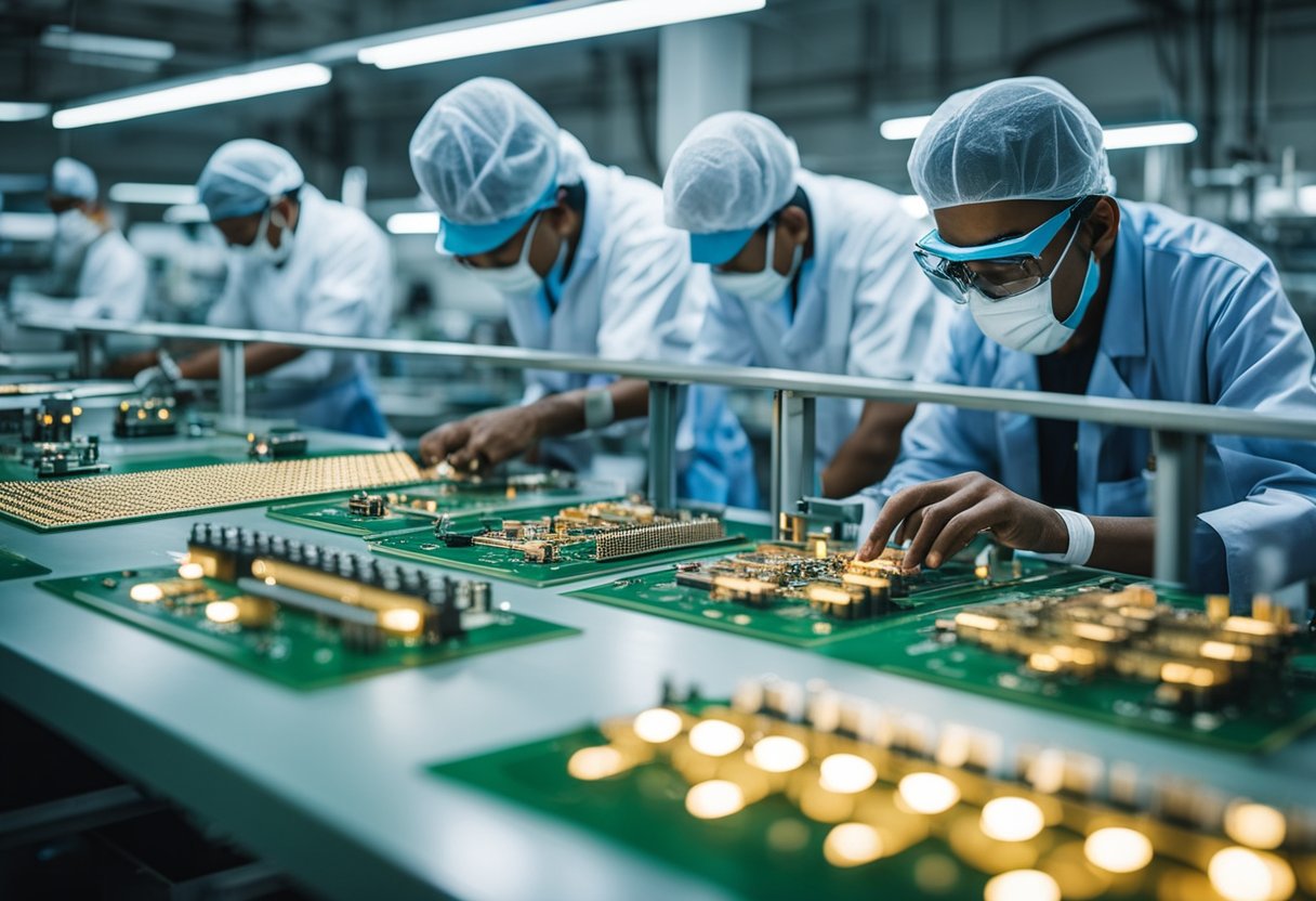 Multiple PCB manufacturing and assembly plants in India with workers and machines producing circuit boards for the electronics industry
