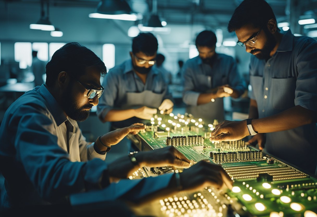 Multiple workers assembling PCBs in a Mumbai factory. Machinery and tools surround them. Bright lights illuminate the workspace