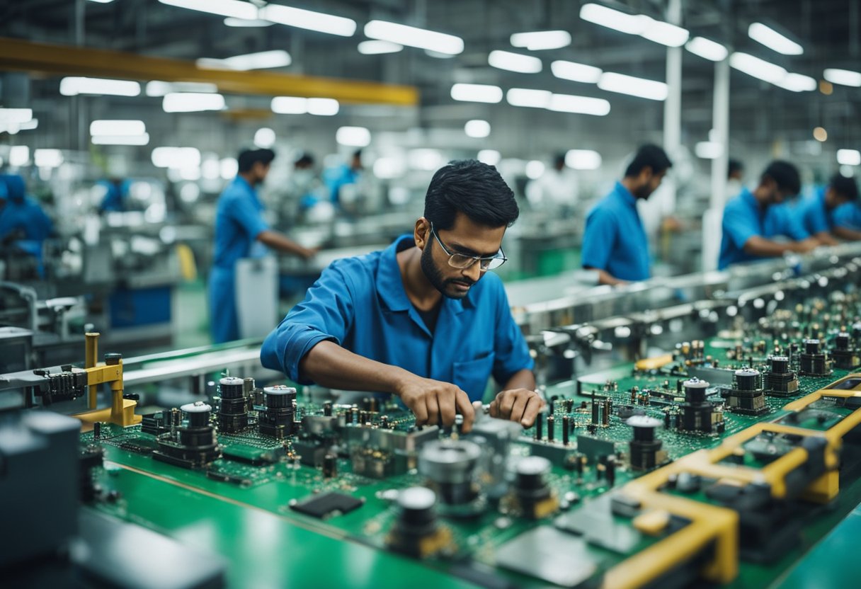 A bustling factory floor in Mumbai, with rows of machines and workers assembling PCBs with precision and efficiency