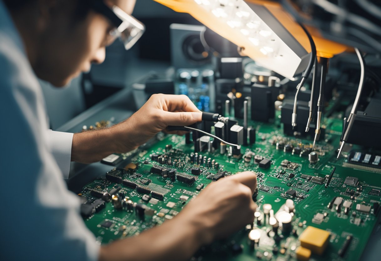 A technician carefully soldering components onto a printed circuit board at a clean and organized workstation