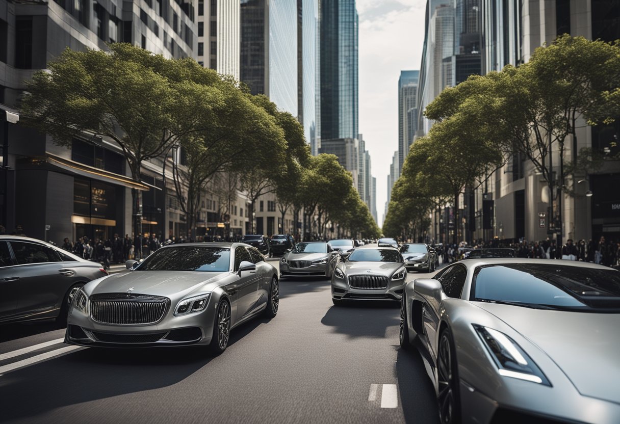 A bustling city street filled with luxury cars and high-rise buildings, depicting the opulence and wealth of millionaires