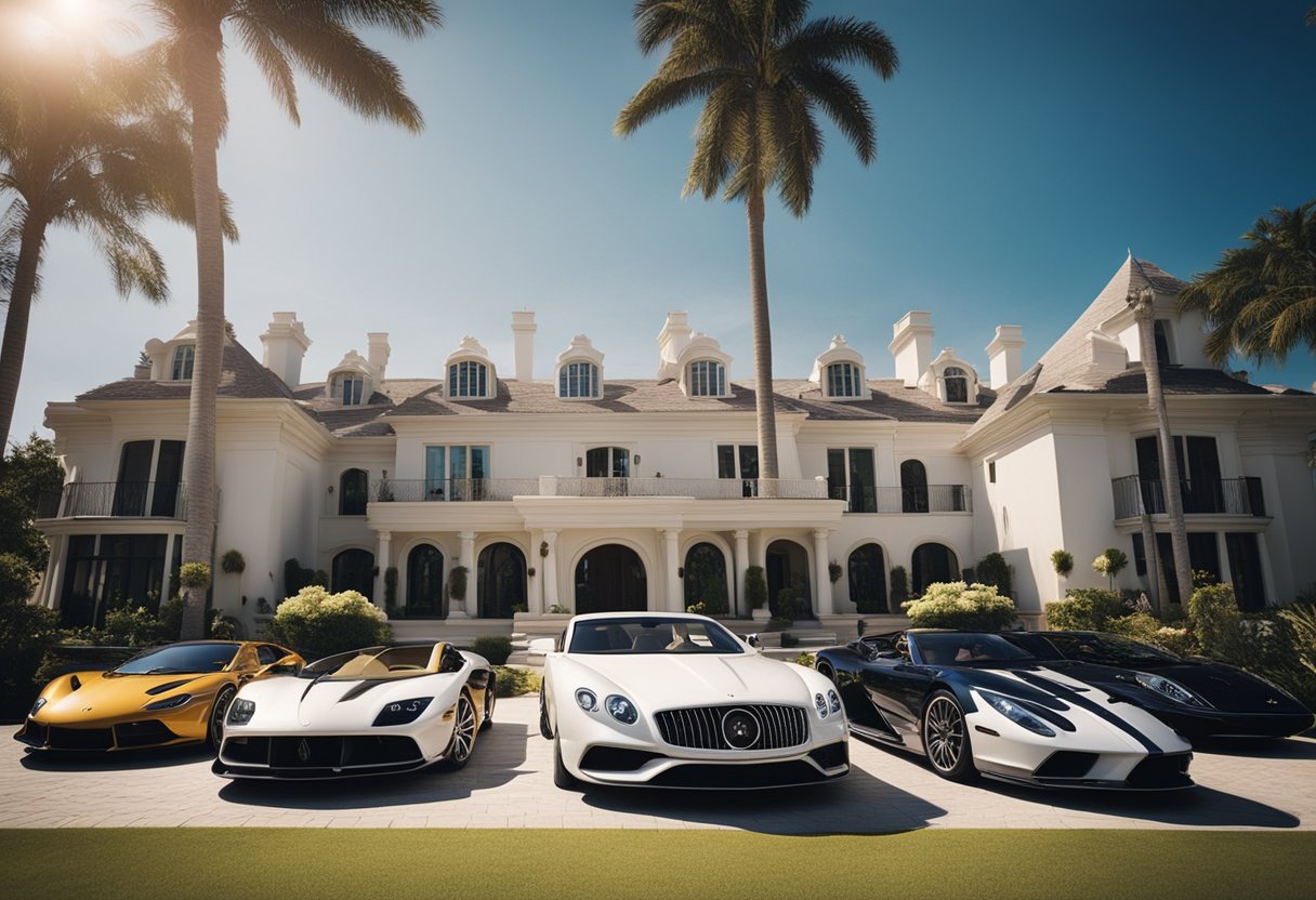 A luxurious mansion surrounded by exotic cars and a private jet, symbolizing wealth and success