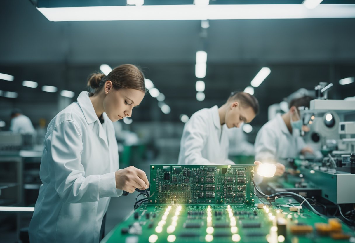 Workers in a Polish PCB assembly plant soldering components onto circuit boards under bright overhead lighting