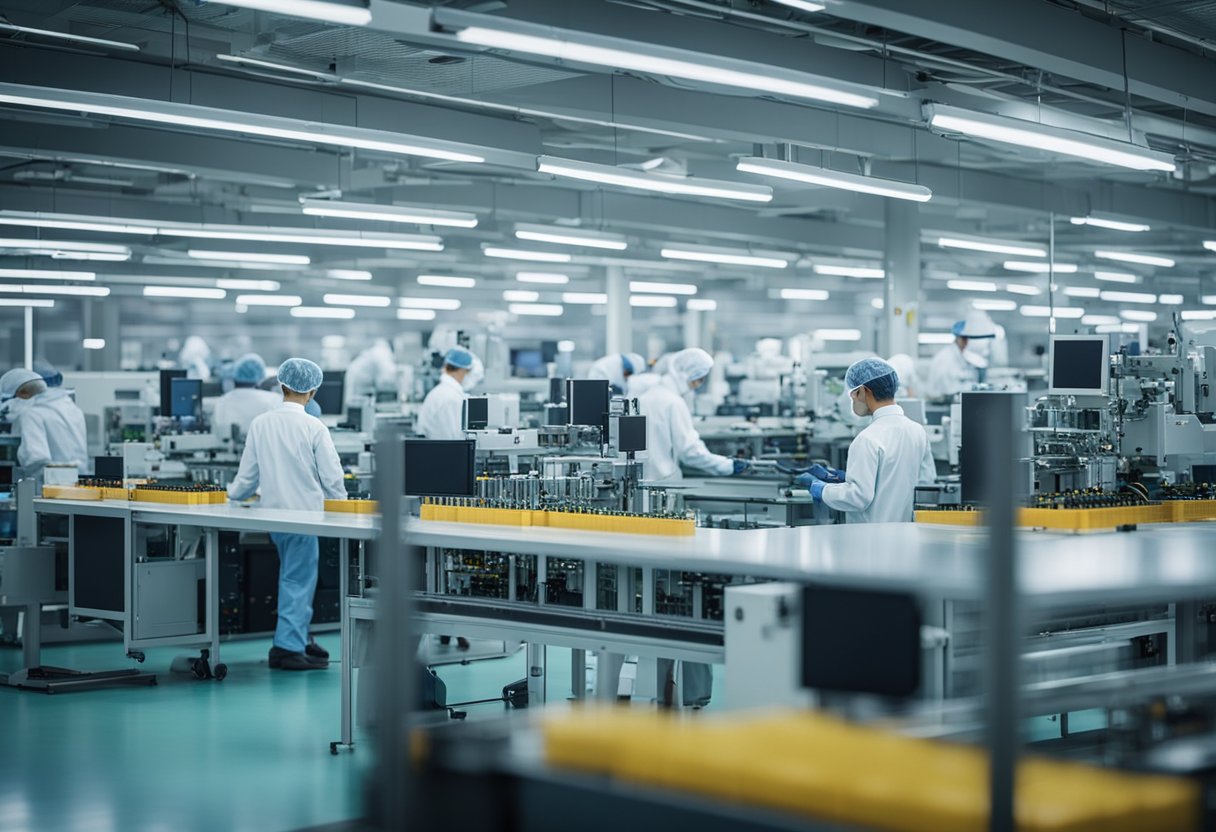 Multiple PCB assembly machines in a spacious, well-lit factory with workers in the background. Quality control stations and shelves of electronic components line the walls