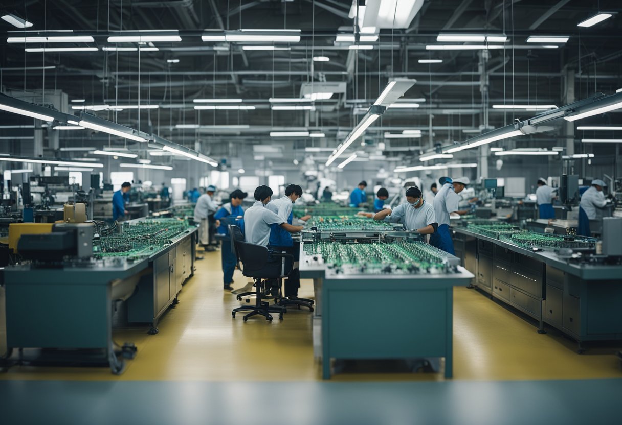 A bustling factory floor with workers assembling circuit boards and machinery humming in the background