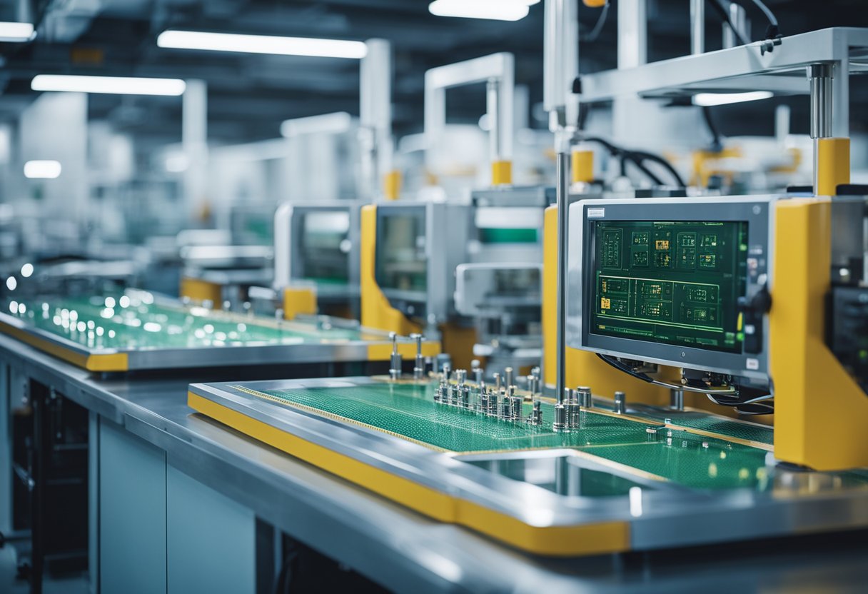 Machines assemble PCBs on a conveyor belt in a bright, sterile factory setting. Soldering, testing, and packaging stations line the production floor