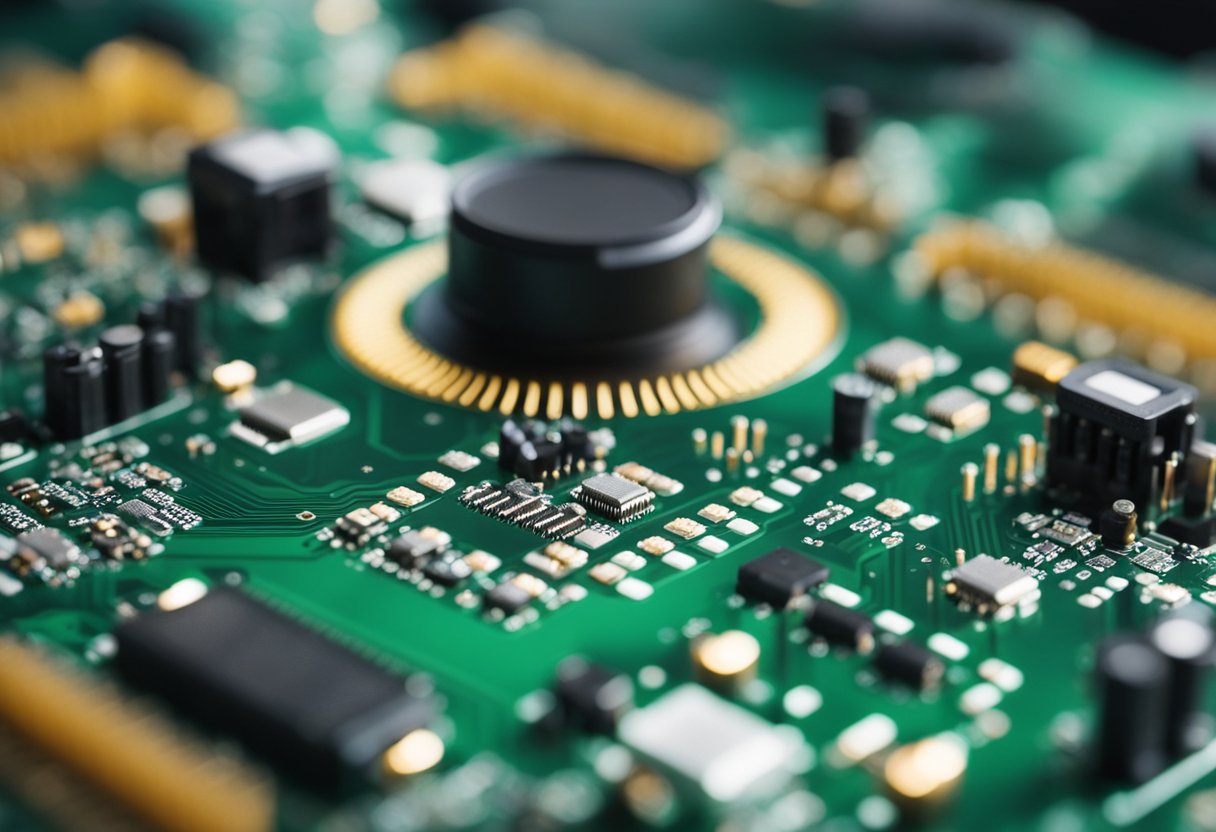 PCB components being assembled onto a circuit board by machinery