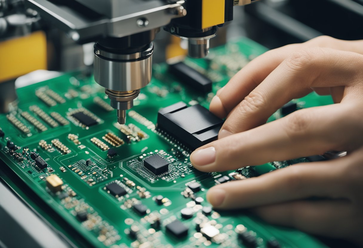 Components being carefully placed on a printed circuit board by a machine in a well-lit, organized assembly line