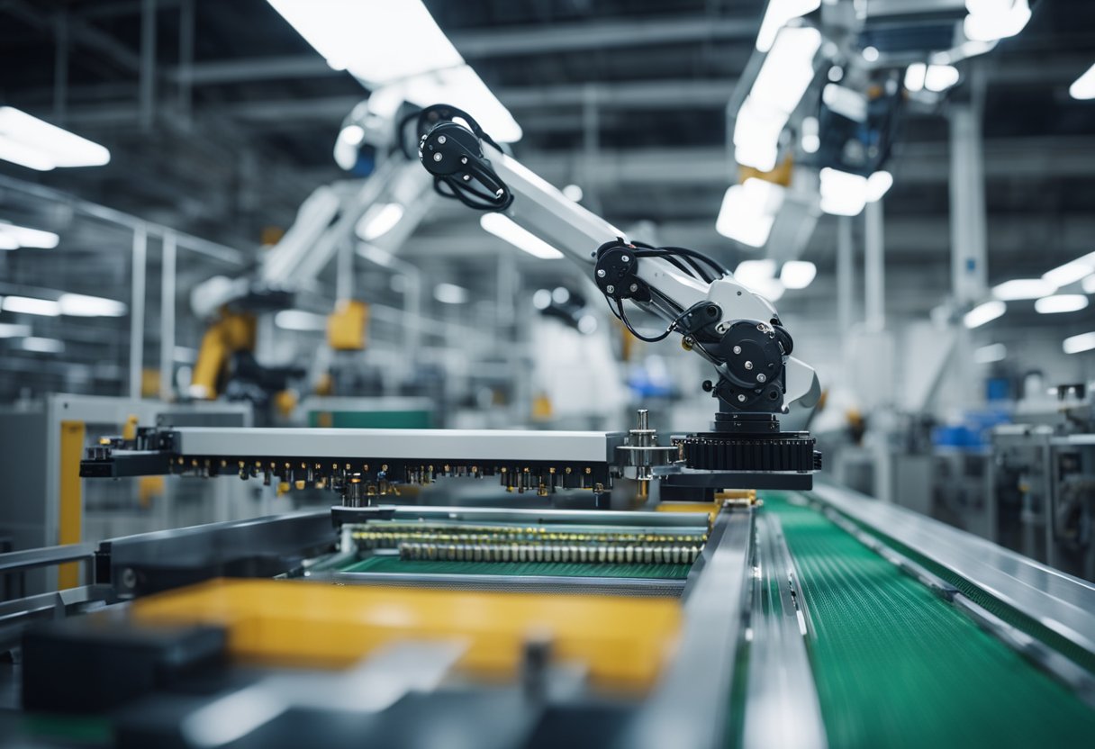 A robotic arm precisely prints and assembles PCB components on a conveyor belt in a high-tech manufacturing facility