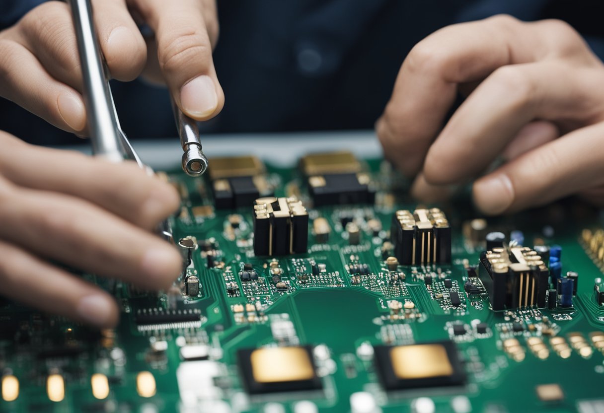 PCB components being soldered onto a circuit board, with workers inspecting and testing the assembly for quality control