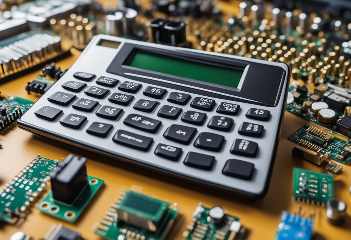 A calculator displaying the total cost of PCB assembly, surrounded by various electronic components and tools on a workbench