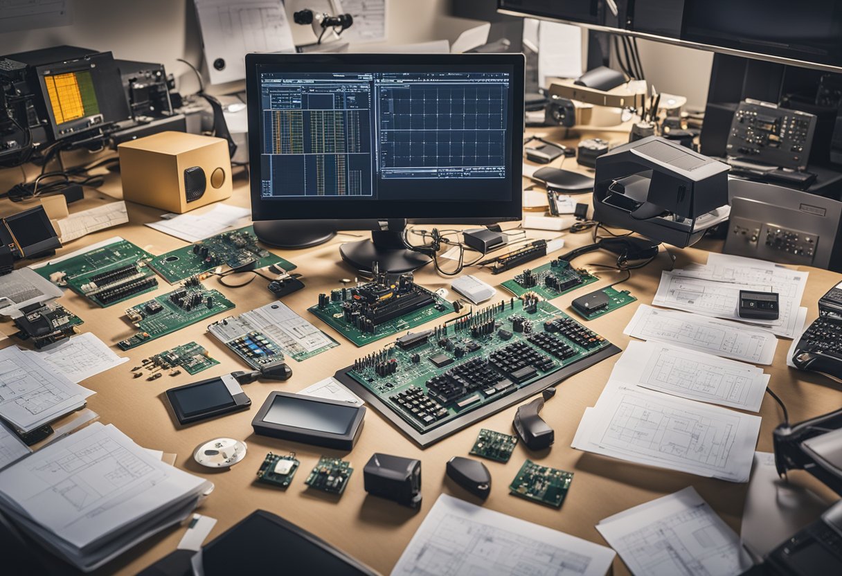 A PCB assembly pricing calculator sits on a cluttered desk, surrounded by computer monitors and technical drawings. Tools and components are scattered around, with a sense of organized chaos