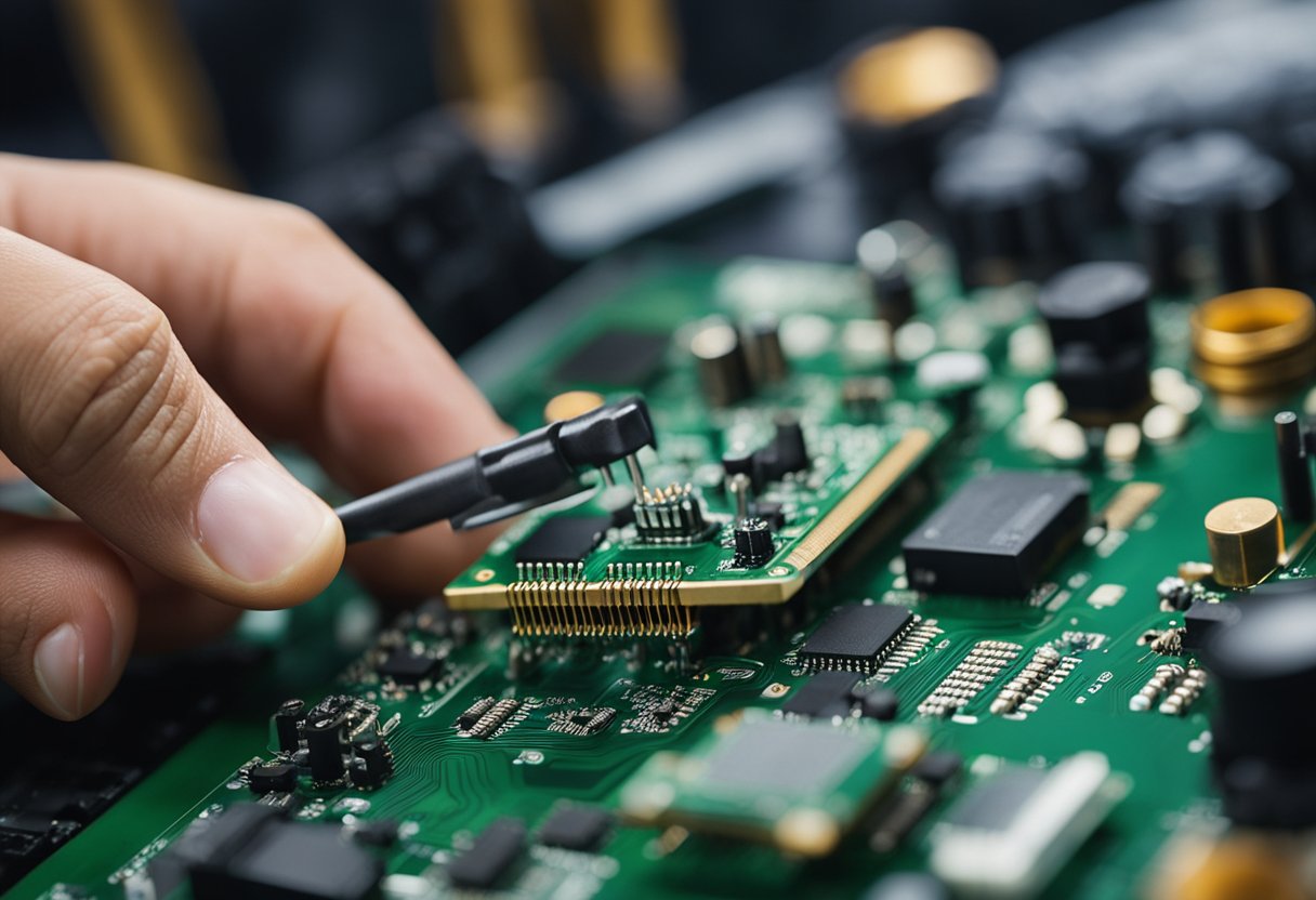 Components being placed and soldered onto a printed circuit board in a manufacturing setting