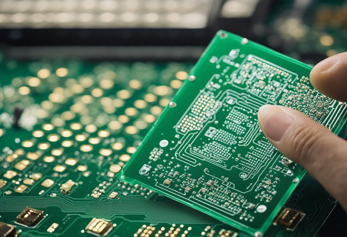 The SMT stencil is placed over the PCB, and solder paste is spread across it using a squeegee. Excess paste is removed, leaving a precise pattern for component placement