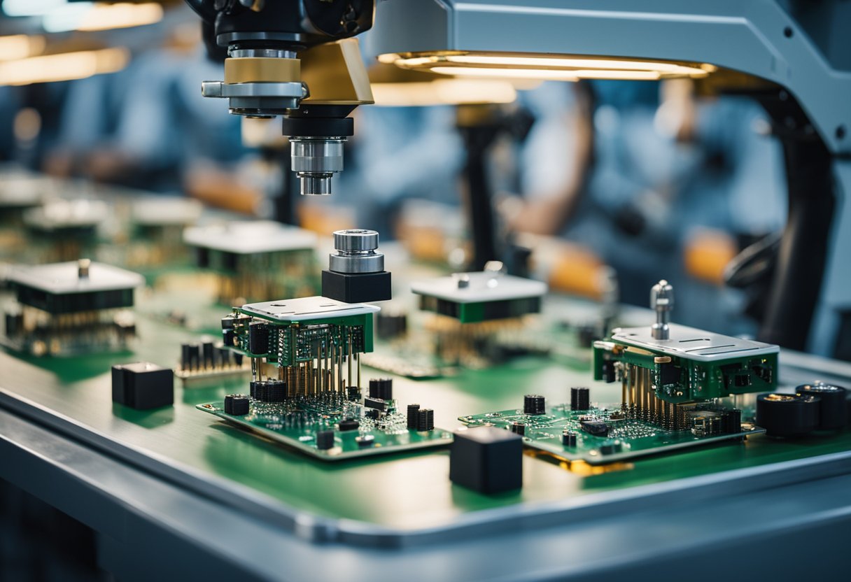 An assembly line of PCB components being soldered onto circuit boards by robotic arms in a modern factory setting