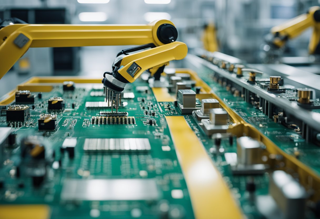 Circuit boards being assembled by robotic arms in a clean, well-lit manufacturing facility in New Hampshire