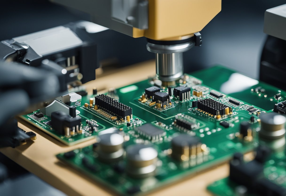 A technician places electronic components onto a printed circuit board using automated machinery for turnkey PCB assembly services