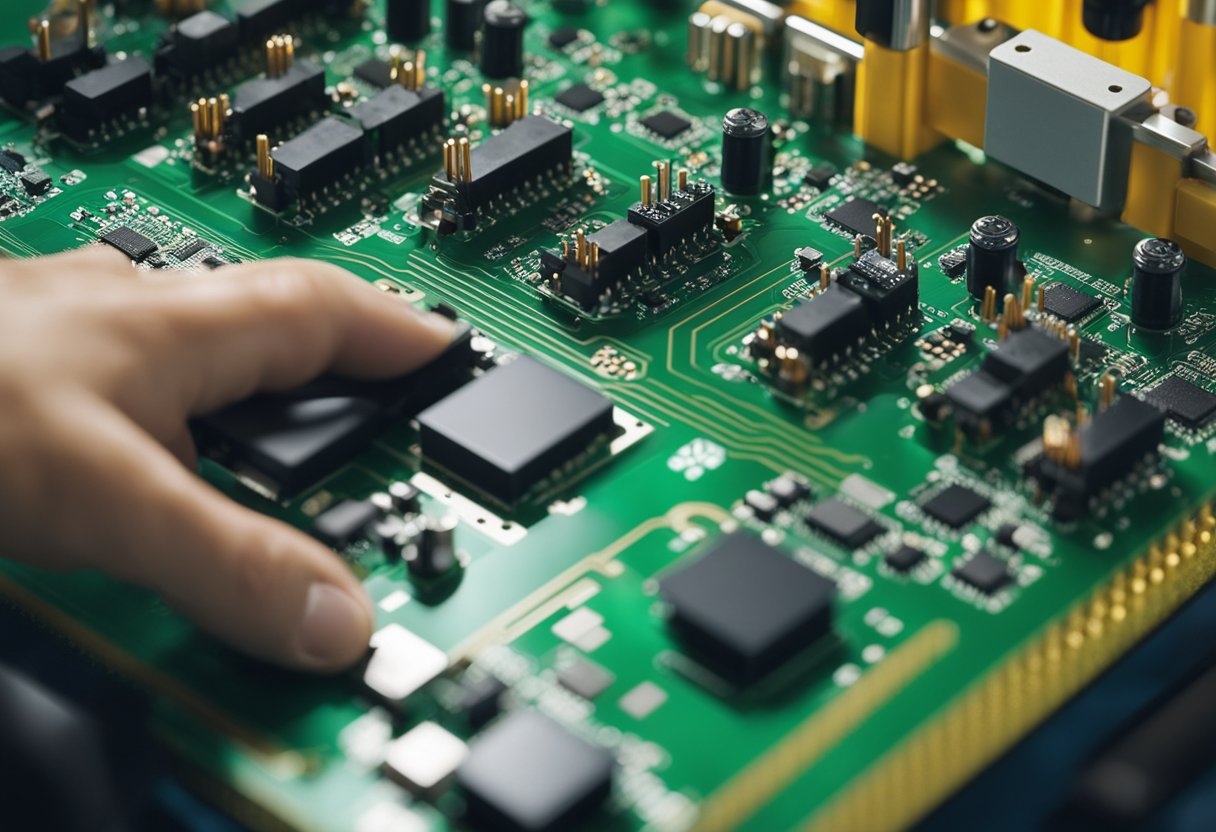 PCB components being seamlessly assembled onto a circuit board by automated machinery